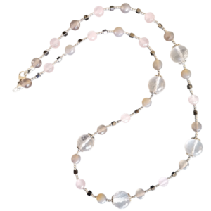 Κολιέ με Ροζ Quartz, Jade και Γκρι Αχάτη - ημιπολύτιμες πέτρες, χάντρες, μακριά, ατσάλι, μεγάλα