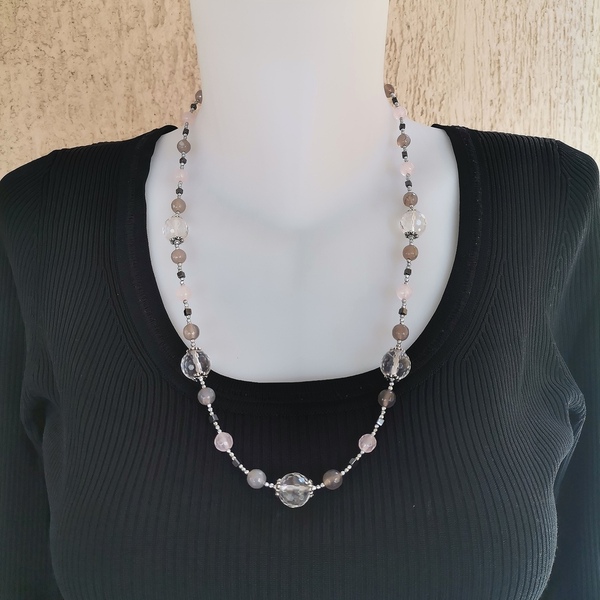 Κολιέ με Ροζ Quartz, Jade και Γκρι Αχάτη - ημιπολύτιμες πέτρες, χάντρες, μακριά, ατσάλι, μεγάλα - 2