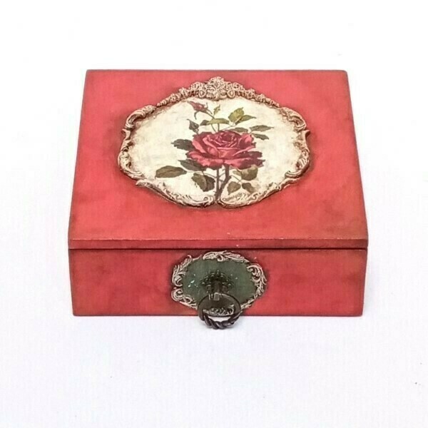 Ξύλινο συρτάρι κόκκινο με τριαντάφυλλο - mdf, κουτί, οργάνωση & αποθήκευση, μαμά