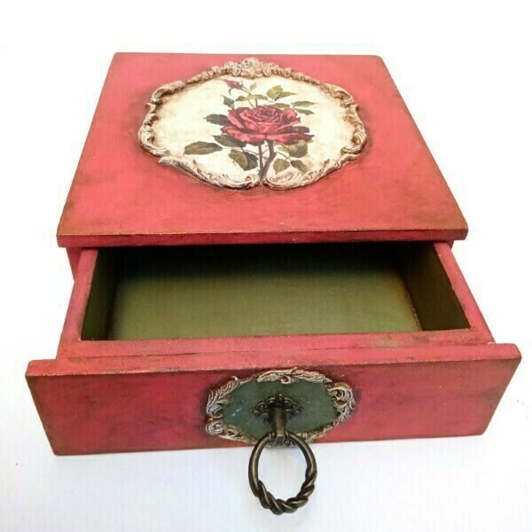 Ξύλινο συρτάρι κόκκινο με τριαντάφυλλο - mdf, κουτί, οργάνωση & αποθήκευση, μαμά - 2