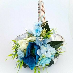Ανοιξιάτικο καλάθι άσπρο με μπλε λουλούδια - ξύλο, διακοσμητικά - 3