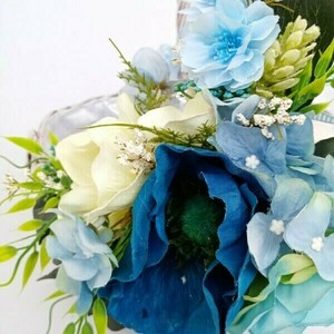 Ανοιξιάτικο καλάθι άσπρο με μπλε λουλούδια - ξύλο, διακοσμητικά - 4
