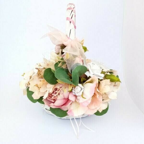 Ανοιξιάτικο καλάθι άσπρο με ροζ και ιβουάρ λουλούδια - ξύλο, διακοσμητικά, ψάθινα - 3