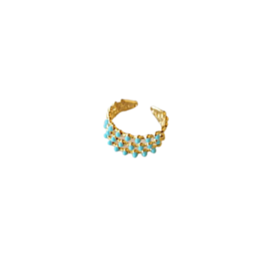 Δαχτυλίδι ατσάλινο χρυσαφί με τιρκουάζ χάντρες. Πλάτος 1εκ. με άνοιγμα apois - chevalier, επιχρυσωμένα, χάντρες, ατσάλι, αυξομειούμενα