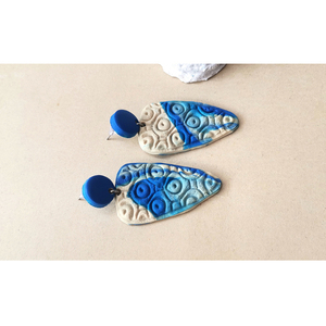 "African-shaped" Handmade Embossed Dangle Earrings (7cm Height)_ - πηλός, μακριά, boho, καρφάκι - 3