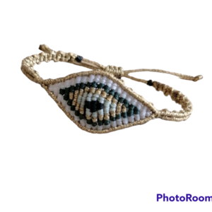 Βραχιόλι macrame ματάκι λευκό - πράσινο - χρυσό - μακραμέ, κορδόνια, μάτι, χεριού, αυξομειούμενα