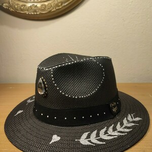 "The Sun Hat " Καπέλο μαύρο τύπου Πανάμα ζωγραφισμένο στο χέρι - ύφασμα, ψάθινα - 3