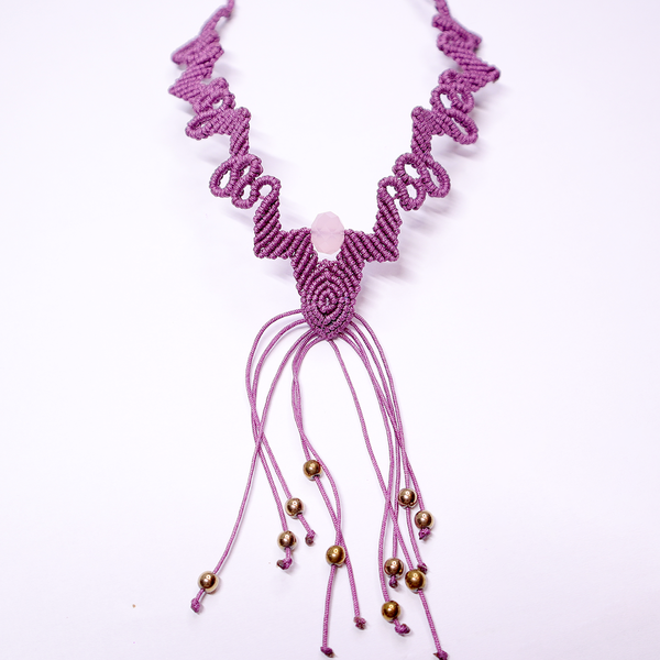 Μακραμέ κολιέ στο χρώμα της Πασχαλιάς - μακραμέ, χάντρες, μακριά, seed beads - 2