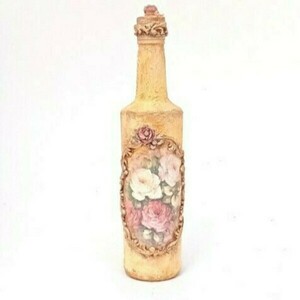 Γυάλινο μπουκάλι μπεζ με λουλούδια και πηλό - γυαλί, πηλός, διακοσμητικά μπουκάλια