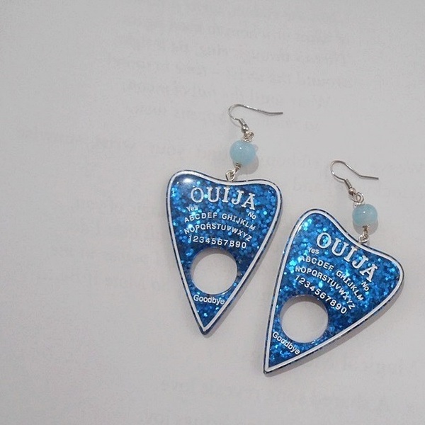 Ακρυλικά σκουλαρίκια με χάντρες Ouija Planchette Blue Earrings - χάντρες, plexi glass, κρεμαστά, μεγάλα, γάντζος