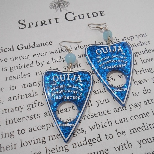 Ακρυλικά σκουλαρίκια με χάντρες Ouija Planchette Blue Earrings - χάντρες, plexi glass, κρεμαστά, μεγάλα, γάντζος - 2