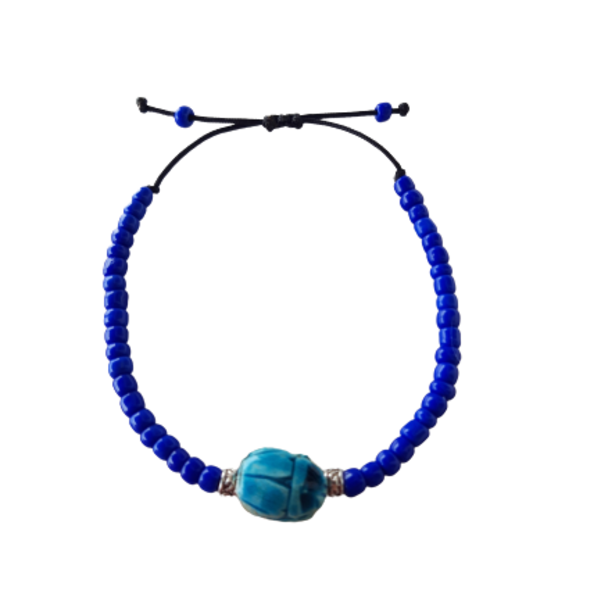 Βραχιολι με γαλαζιο σκαραβαιο χαολιτη πλαισιωμενο με μπλε γυαλινες χαντρουλες. - ημιπολύτιμες πέτρες, χάντρες, αυξομειούμενα