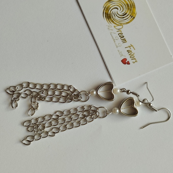 "Silver Shiny Hearts" κρεμαστά μακριά σκουλαρίκια με αλυσίδες - ασήμι, μακριά, κρεμαστά, πέρλες, γάντζος - 3