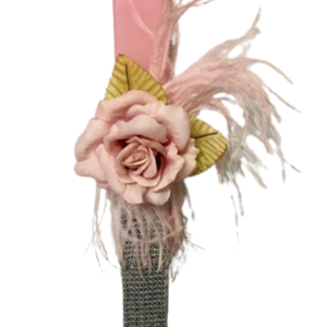 Λαμπάδα πλακέ με λουλούδι ροζ με πούλιες και φτερά - φτερό, κορίτσι, λουλούδια, λαμπάδες, για ενήλικες - 2