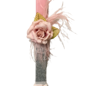 Λαμπάδα πλακέ με λουλούδι ροζ με πούλιες και φτερά - φτερό, κορίτσι, λουλούδια, λαμπάδες, για ενήλικες - 3