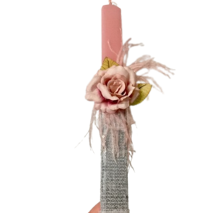 Λαμπάδα πλακέ με λουλούδι ροζ με πούλιες και φτερά - φτερό, κορίτσι, λουλούδια, λαμπάδες, για ενήλικες - 4