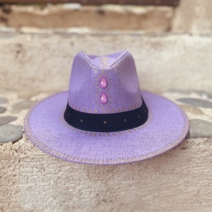 Καπέλο Παναμα - Purple crystals - ζωγραφισμένα στο χέρι, απαραίτητα καλοκαιρινά αξεσουάρ, ψάθινα - 2
