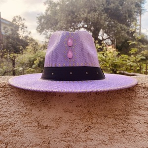 Καπέλο Παναμα - Purple crystals - ζωγραφισμένα στο χέρι, απαραίτητα καλοκαιρινά αξεσουάρ, ψάθινα - 4