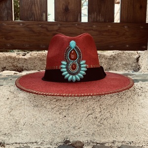 Καπέλο Παναμα - Red boho crystal - ζωγραφισμένα στο χέρι, απαραίτητα καλοκαιρινά αξεσουάρ, ψάθινα - 2