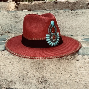 Καπέλο Παναμα - Red boho crystal - ζωγραφισμένα στο χέρι, απαραίτητα καλοκαιρινά αξεσουάρ, ψάθινα - 3