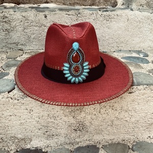 Καπέλο Παναμα - Red boho crystal - ζωγραφισμένα στο χέρι, απαραίτητα καλοκαιρινά αξεσουάρ, ψάθινα - 4