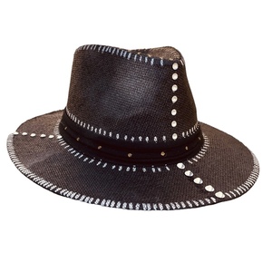 Καπέλο Παναμα - Black Swarovski crystals - απαραίτητα καλοκαιρινά αξεσουάρ, ψάθινα