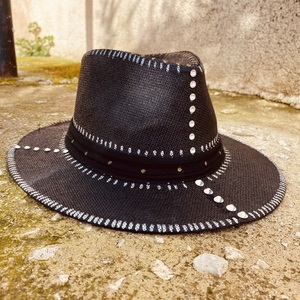 Καπέλο Παναμα - Black Swarovski crystals - απαραίτητα καλοκαιρινά αξεσουάρ, ψάθινα - 2