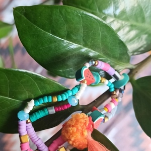 Hematite, Polymer Clay Beads |Turquoise Mauve Fuchia|Beaded Bracelets with Tassels and Pon pon| Multi Colors | Medium Size| - ημιπολύτιμες πέτρες, χάντρες, σταθερά, χεριού - 3
