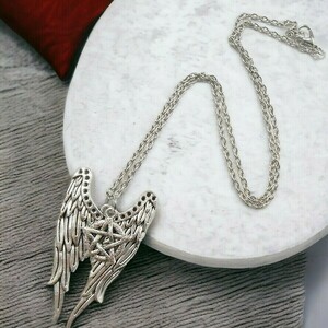 Αντικέ μενταγιόν φτερά και πεντάλφα, Devil Wings Necklace Pentagram - χάντρες, ατσάλι, μεταλλικά στοιχεία, μενταγιόν - 2