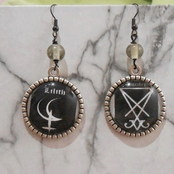 Σκουλαρίκια με γυαλί και χάντρες Lucifer Lilith earrings Occult jewelry - γυαλί, χάντρες, κρεμαστά, γάντζος - 3