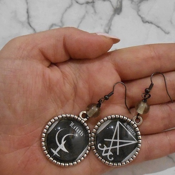 Σκουλαρίκια με γυαλί και χάντρες Lucifer Lilith earrings Occult jewelry - γυαλί, χάντρες, κρεμαστά, γάντζος - 4