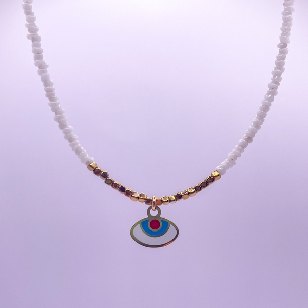 Lucky -Κολιέ κοντό με ματάκι - ημιπολύτιμες πέτρες, μάτι, κοντά, seed beads, γούρια - 3