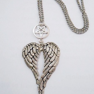 Αντικέ μενταγιόν φτερά και πεντάλφα, Angel Wings Necklace Pentagram - χάντρες, ατσάλι, μεταλλικά στοιχεία, μενταγιόν