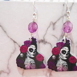 Ακρυλικά σκουλαρίκια Santa Muerte Sugar skull διπλής όψεως, κρεμαστά Sugar Skull Earrings Purple - διπλής όψης, χάντρες, plexi glass, κρεμαστά, γάντζος - 3