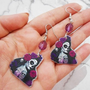 Ακρυλικά σκουλαρίκια Santa Muerte Sugar skull διπλής όψεως, κρεμαστά Sugar Skull Earrings Purple - διπλής όψης, χάντρες, plexi glass, κρεμαστά, γάντζος - 5