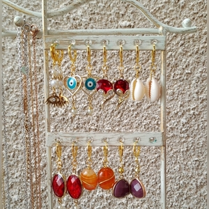 Κρεμαστά σκουλαρίκια ατσάλινα κρικάκια σε χρυσό χρώμα με ματάκι, πέρλες και χάντρες - μικρά, ατσάλι, κρεμαστά, ματάκια - 2