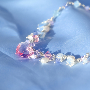 Atargati's Blessing ~ Χειροποίητο κολιέ από ασήμι 925 με κρυστάλλινη ροζ καρδιά και ημιπολύτιμους λίθους, μήκος 40 εκ. - ημιπολύτιμες πέτρες, μαργαριτάρι, ασήμι 925, καρδιά, μενταγιόν