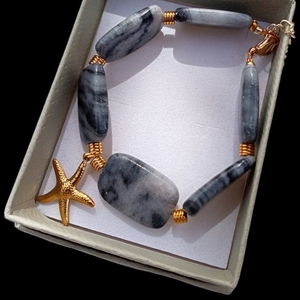Βραχιόλι γυναικείο αστερίας με Αχάτη - ημιπολύτιμες πέτρες, επιχρυσωμένα, boho, χεριού - 3