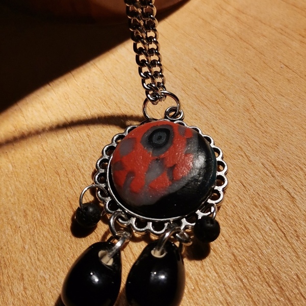 "Black beauty" Handcarved pendant (24cm total height) - ημιπολύτιμες πέτρες, πηλός, boho, μενταγιόν
