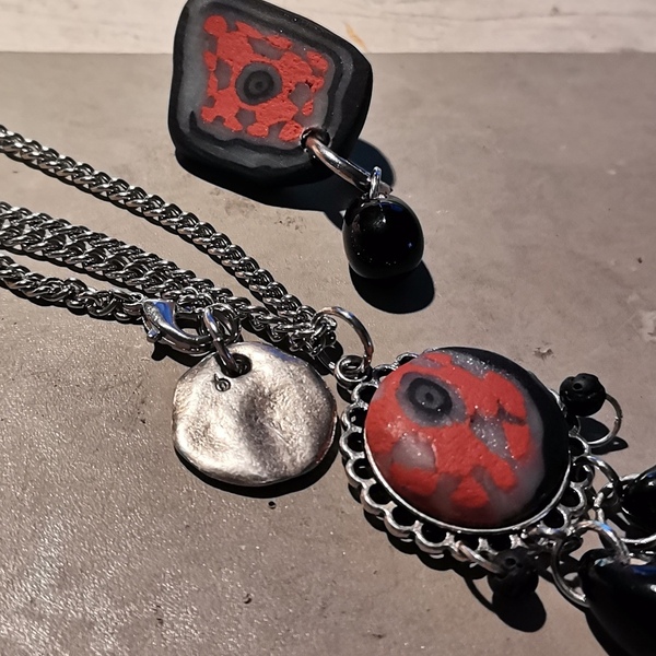 "Black beauty" Handcarved pendant (24cm total height) - ημιπολύτιμες πέτρες, πηλός, boho, μενταγιόν - 2