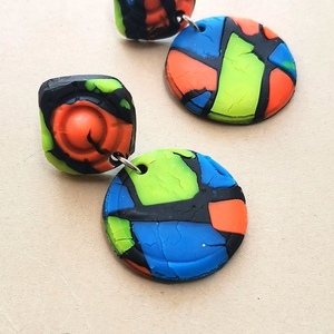 "Neon light" Handmade Dangle Embossed Earrings (6cm Height) - πηλός, μακριά, boho, καρφάκι - 2