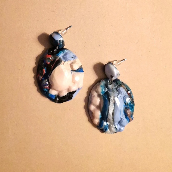 "sea glory" handmade embossed earrings (4cm) - πηλός, boho, μεγάλα, καρφάκι