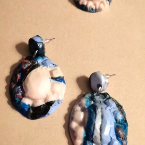 "sea glory" handmade embossed earrings (4cm) - πηλός, boho, μεγάλα, καρφάκι - 2