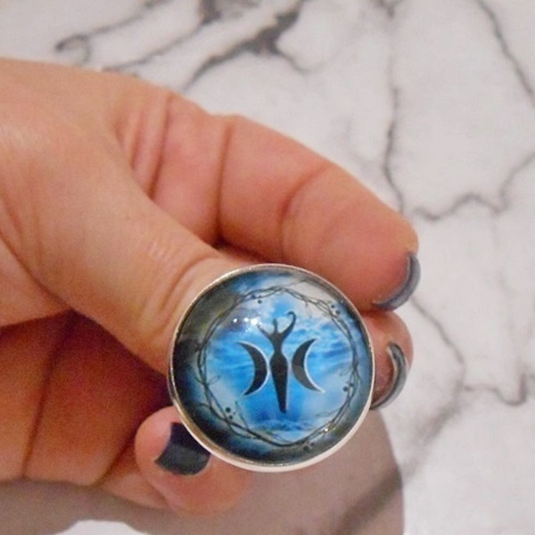 Αυξομειούμενο δαχτυλίδι με γυαλί Adjustable cabochon ring Hecate Triple Goddess - γυαλί, φεγγάρι, boho, αυξομειούμενα - 2