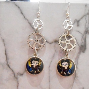Σκουλαρίκια με γυαλί και γρανάζια, κρεμαστά Goth Betty earrings - γυαλί, κρεμαστά, γάντζος - 4