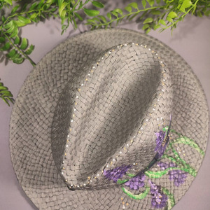 "Botanical Garden " Καπέλο λαδί ζωγραφισμένο στο χέρι από χαρτόψαθο - ψάθινα - 2