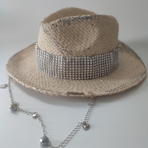 "Cavo Paradiso Hat " Καπέλο τύπου Πανάμα ζωγραφισμένο στο χέρι και διακοσμημένο με αλυσίδα με μοτιφ - ψάθινα - 2