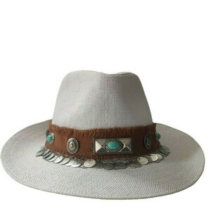 "Boho Heart " Καπέλο λευκό τύπου Πανάμα διακοσμημένο με έθνικ boho στοιχεία - ψάθινα