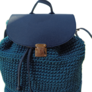 Πλεκτή τσάντα πλάτης/backpack μπλε ραφ με λεπτομέρειες δερμάτινης 35Χ38Χ16 - νήμα, πλάτης, μεγάλες, δερματίνη, πλεκτές τσάντες