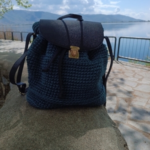 Πλεκτή τσάντα πλάτης/backpack μπλε ραφ με λεπτομέρειες δερμάτινης 35Χ38Χ16 - νήμα, πλάτης, μεγάλες, δερματίνη, πλεκτές τσάντες - 2